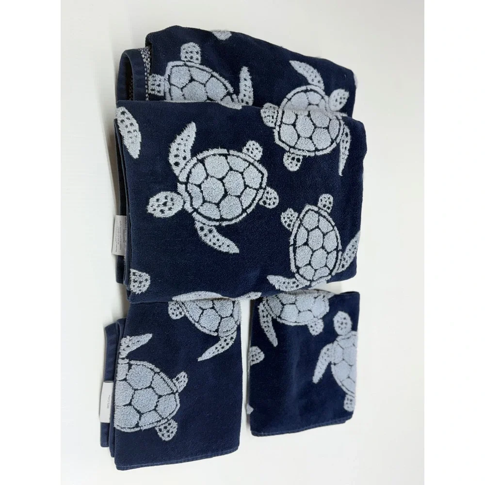 Caro Home Towel Set Navy Blue Sea Turtle Coastal Nautical Bathroom Decor 4 Piece